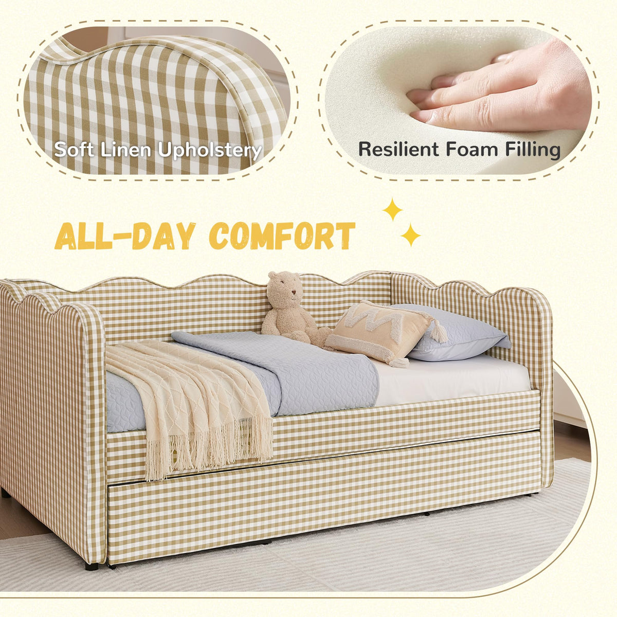 Twin Size Gingham Daybed with Trundle and USB Ports K6766