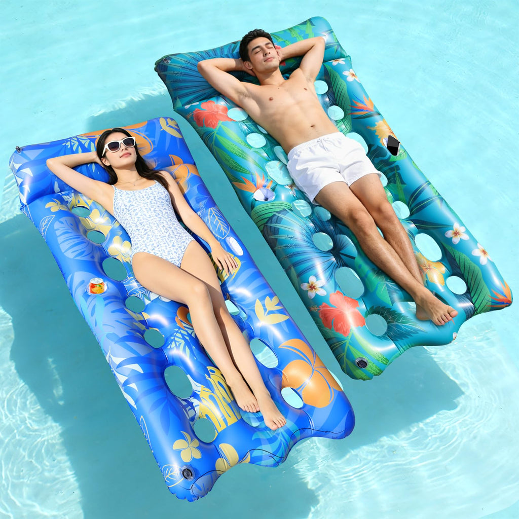 2 PCS Pool Floats Lounger with Headrest and Cup Holders D2139