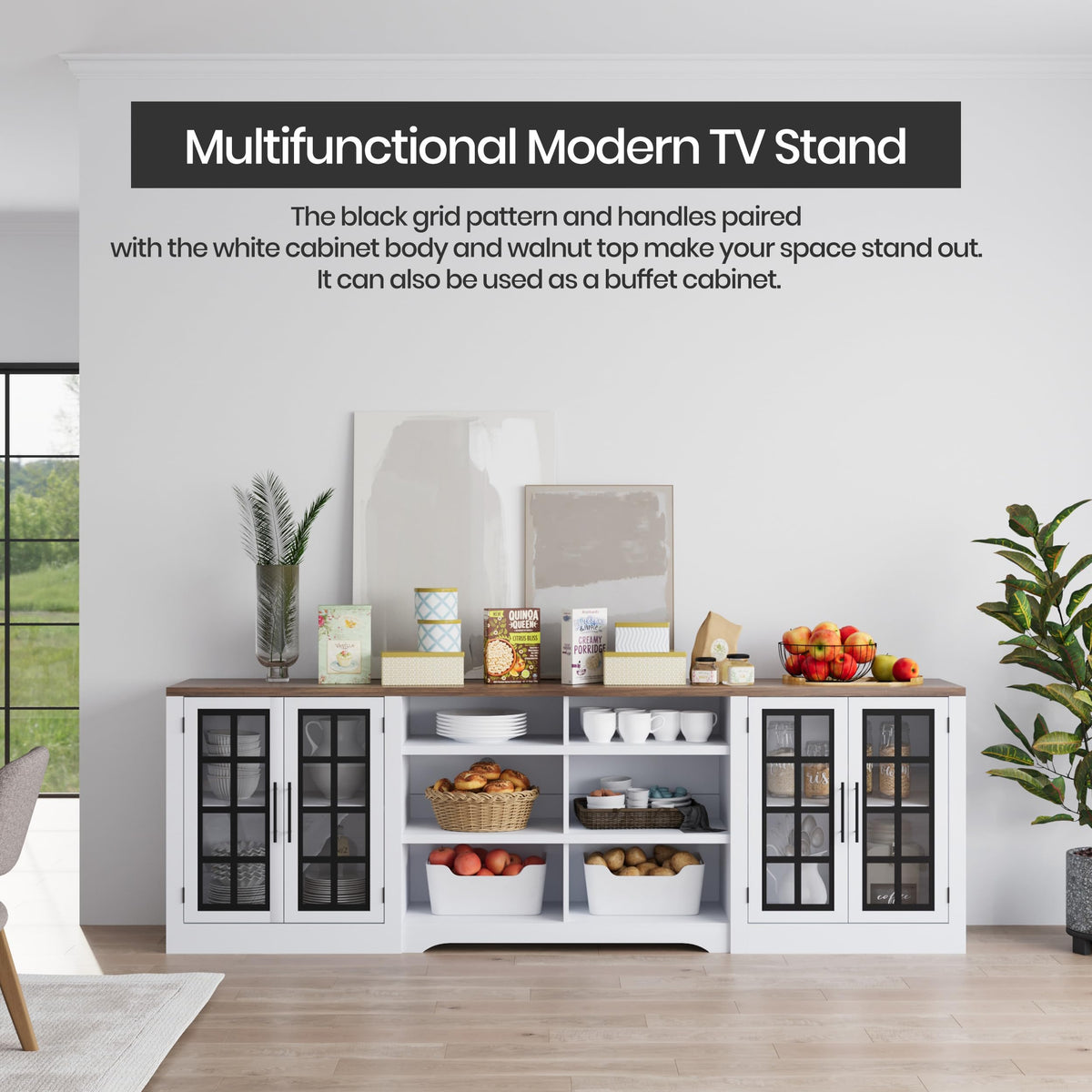 White TV Stand with Storage Cabinet and 3-Tier Open Shelves I990328