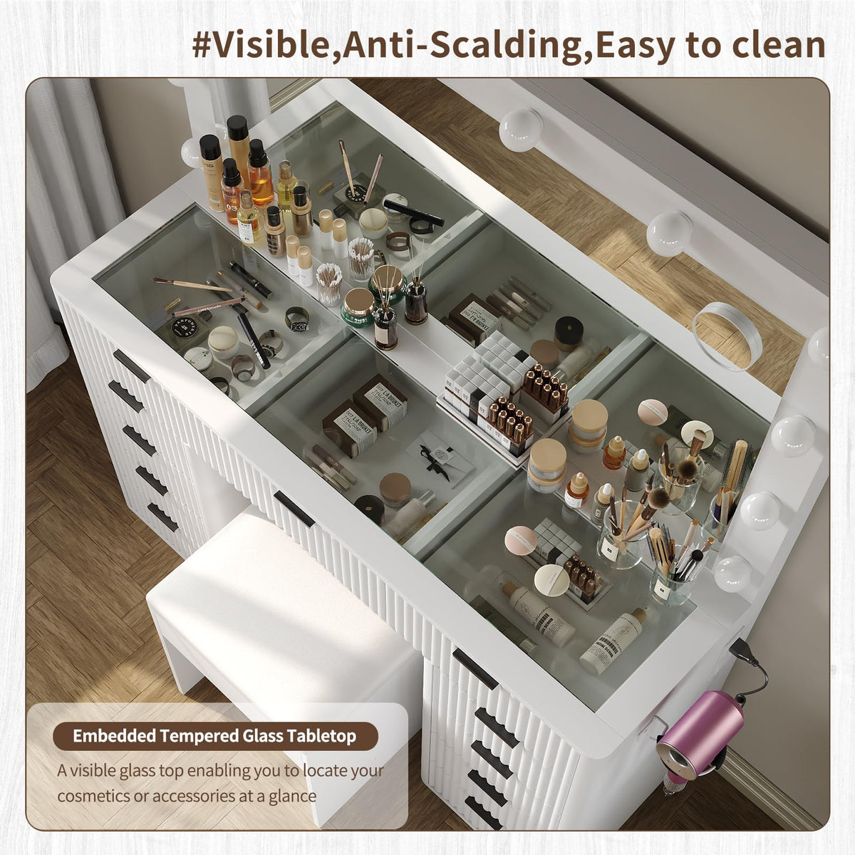 47" White Vanity Desk with 3-Color LED Mirror & 11 Drawers D211087