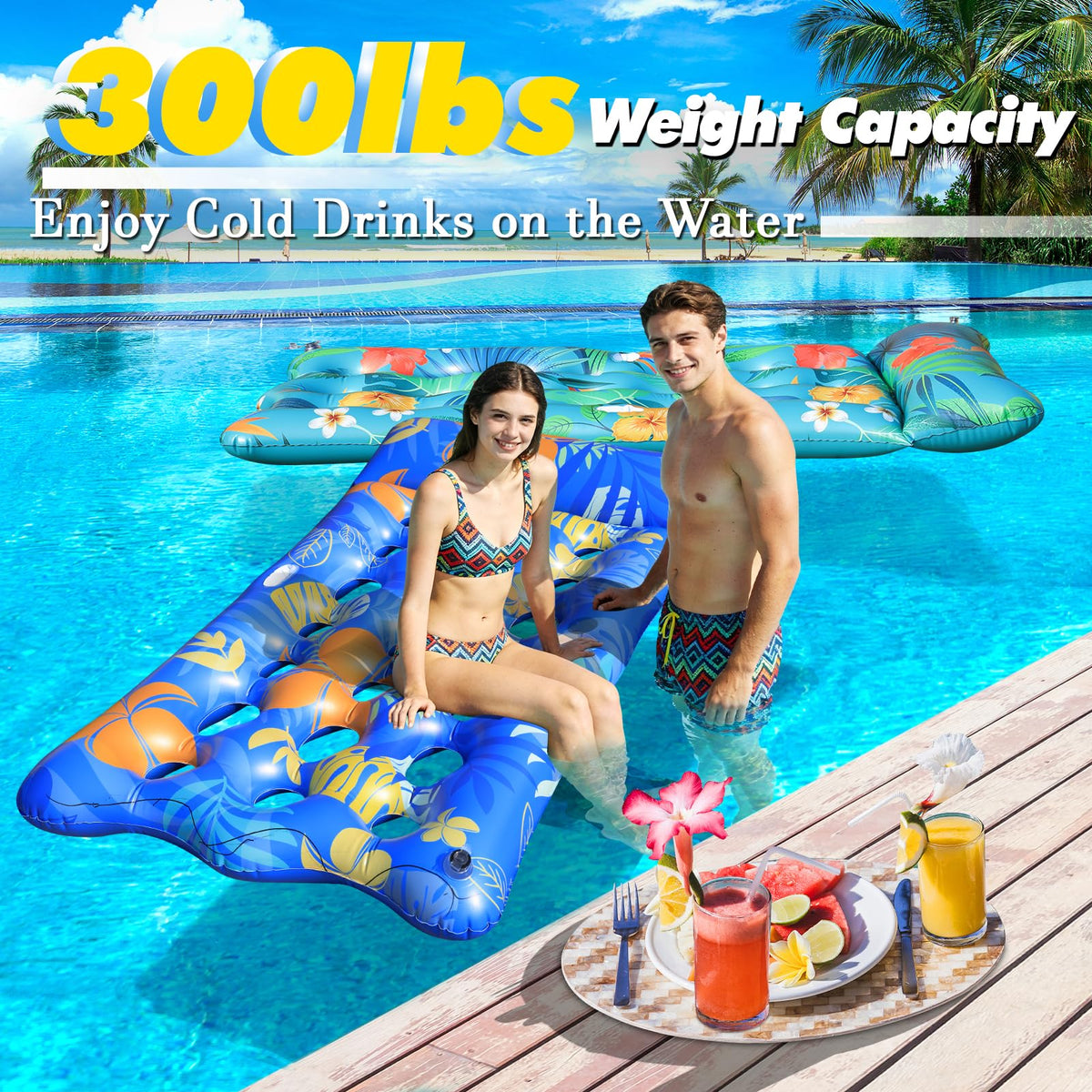 2 PCS Pool Floats Lounger with Headrest and Cup Holders D2139