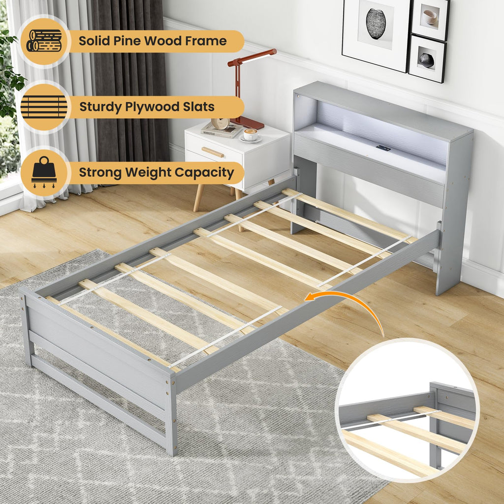 Twin Wood Platform Bed with Storage Headboard and Charging Station P694