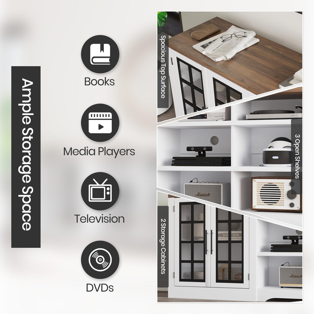 White TV Stand with Storage Cabinet and 3-Tier Open Shelves I990328