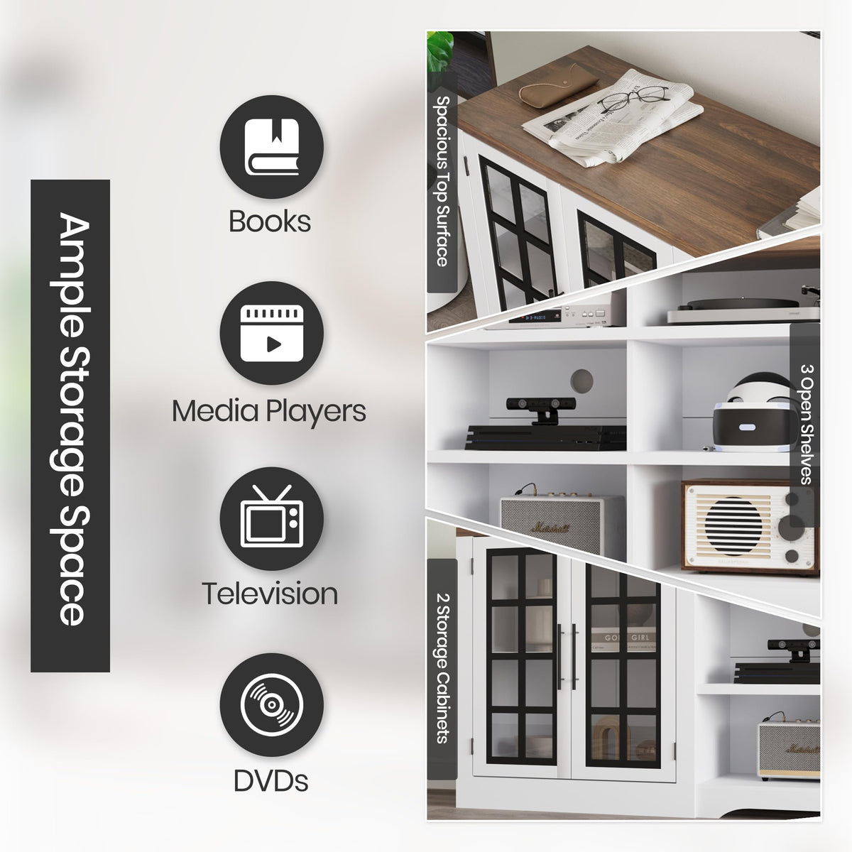 White TV Stand with Storage Cabinet and 3-Tier Open Shelves I990328