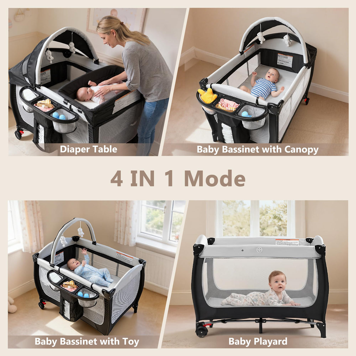 4 in 1 Portable Pack and Play Bassinet, Black S576
