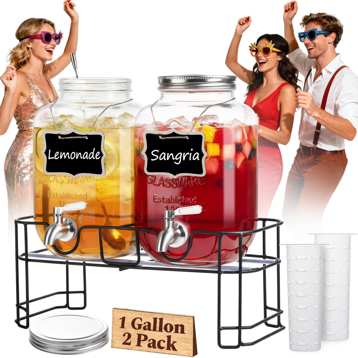 1 Gallon Glass Drink Dispensers 2 Pack with Stand Stainless Steel Spigot V4446
