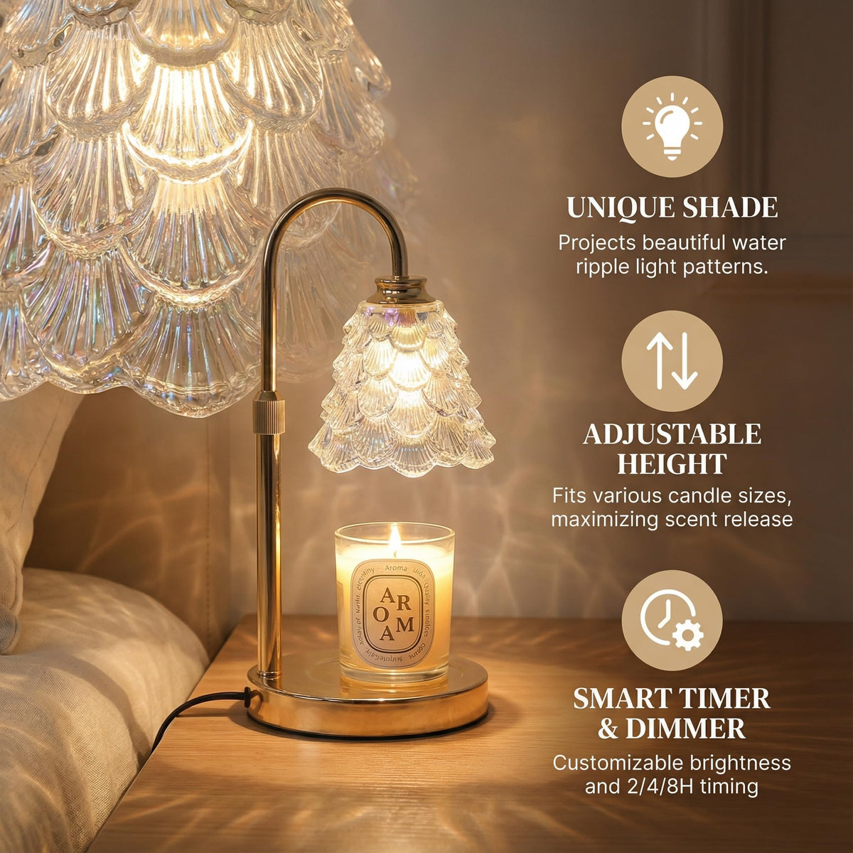 Candle Warmer Lamp with Timer & Dimmer, Adjustable Height, Gold K986007