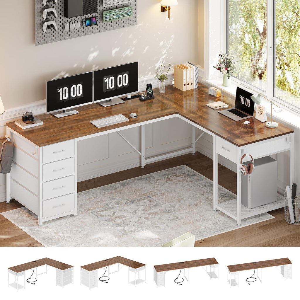 Brown White L Shaped Desk with 5 Drawers X275