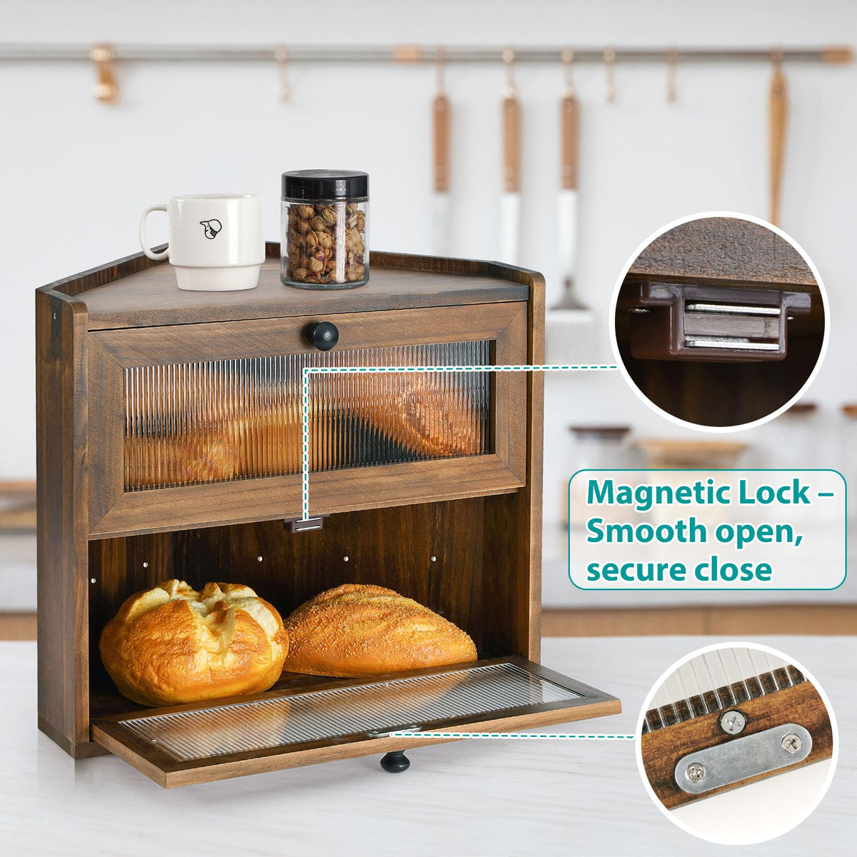 Large 2 Tier Wooden Bread Box with Acrylic Window H626508