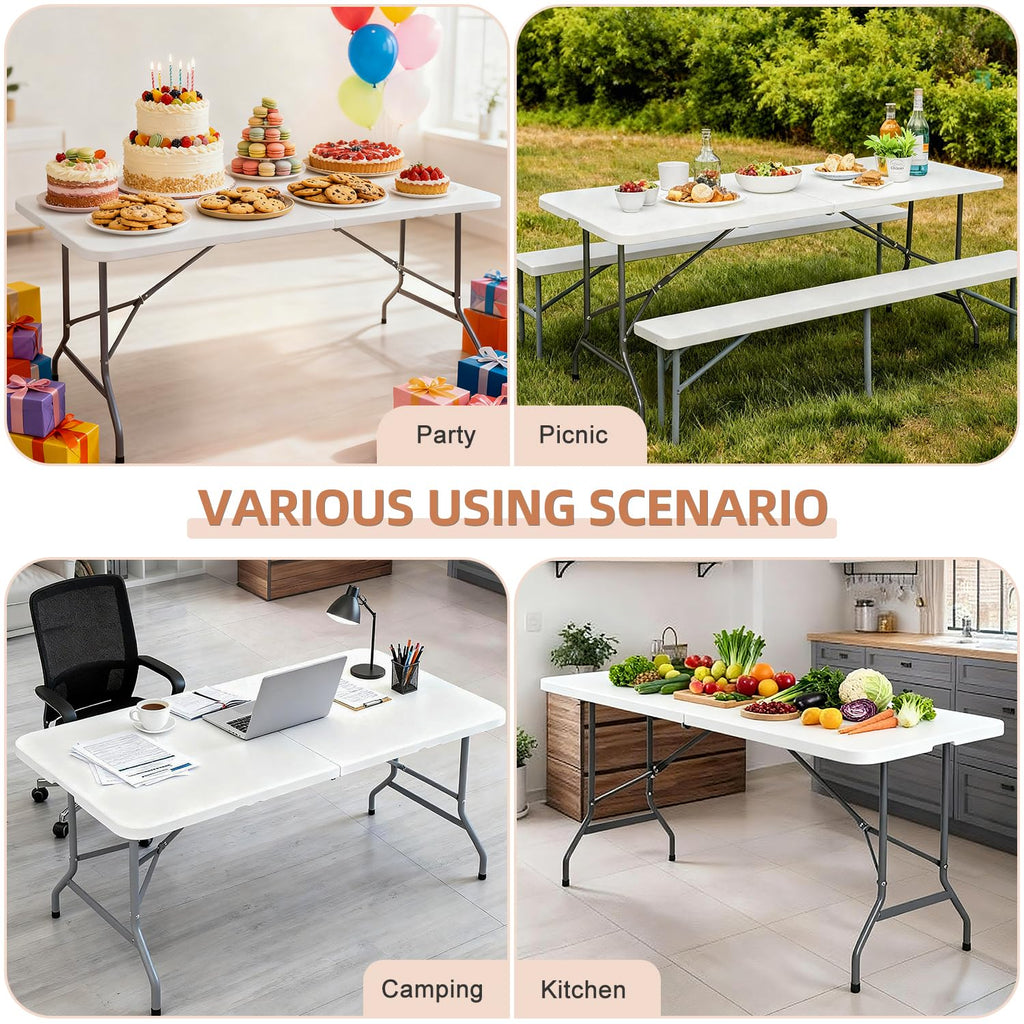 6 ft Heavy Duty Plastic Folding Table with Steel Legs, White T1940
