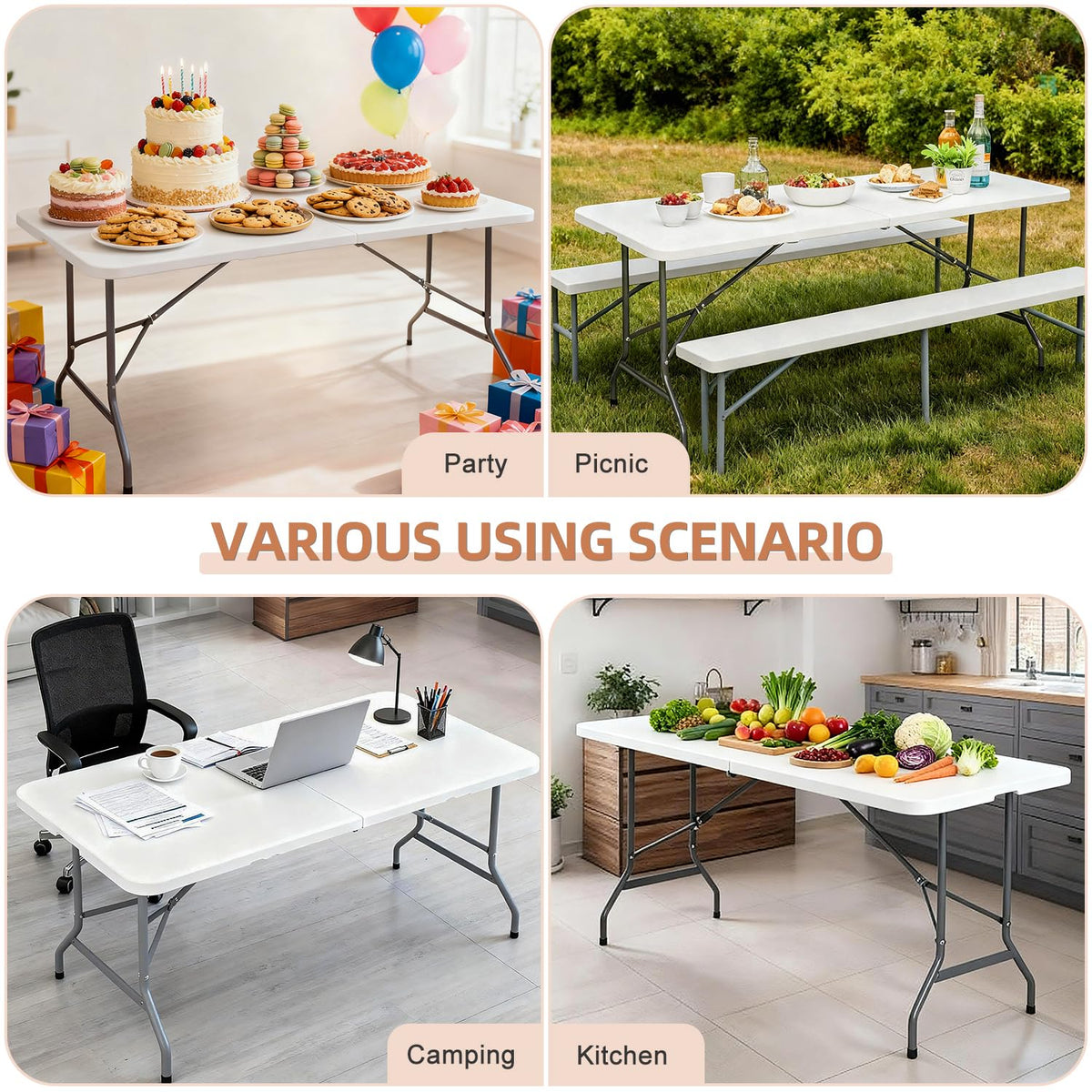6 ft Heavy Duty Plastic Folding Table with Steel Legs, White T1940