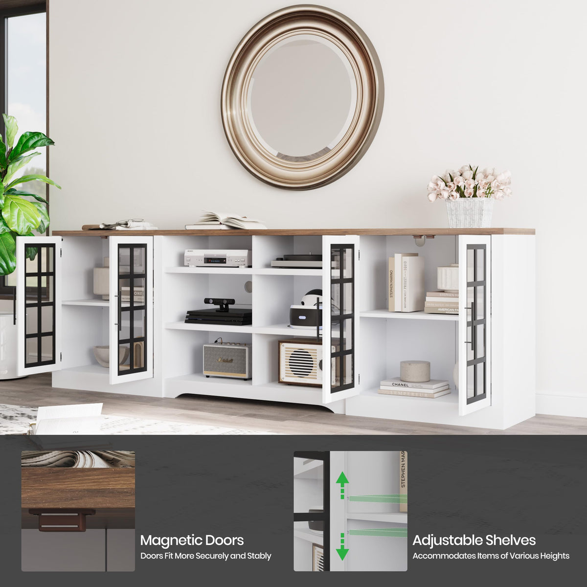 White TV Stand with Storage Cabinet and 3-Tier Open Shelves I990328